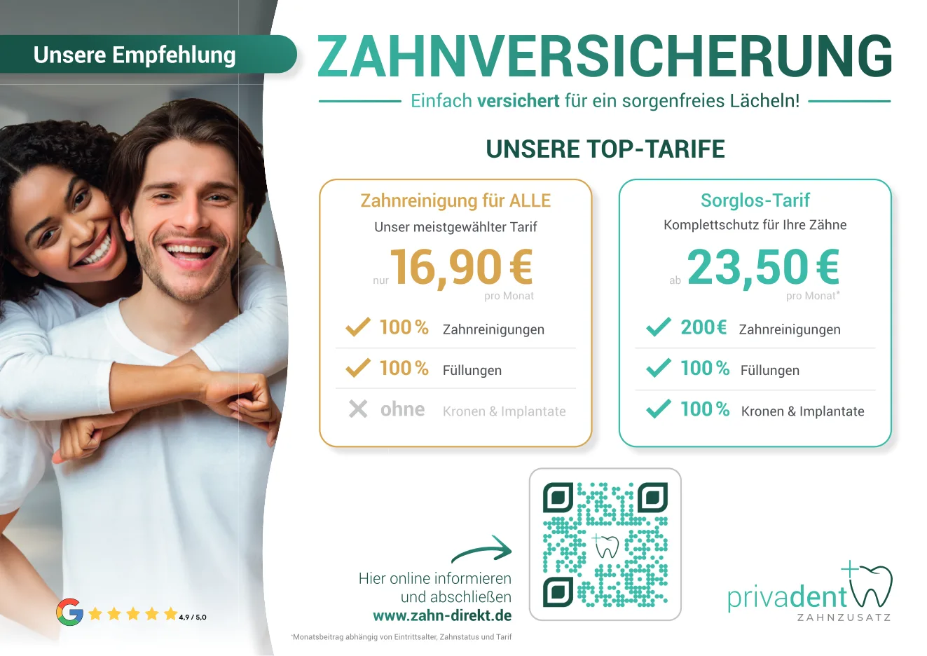 privadent Patienten-Flyer mit Beispiel-Tarifen (zahn-direkt.de)
