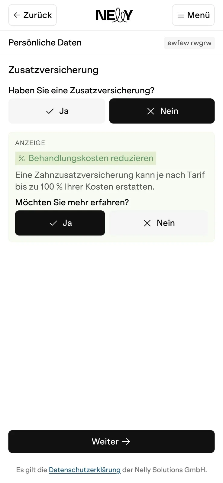 Nelly Anamnese: Patient bekundet Interesse an einer Zahnzusatzversicherung