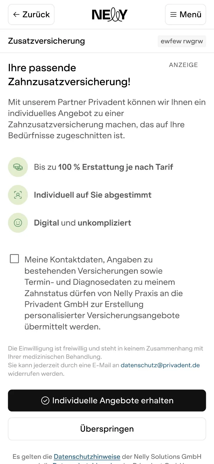 Nelly Anamnese: Einwilligung zur Übermittlung an privadent und Anforderung individueller Angebote