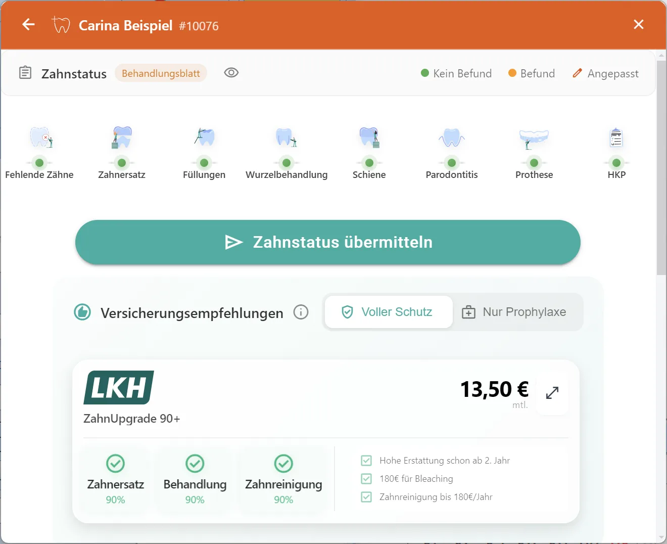 Detailansicht GKV-Patient: Zahnstatus und passende Tarif-Empfehlung